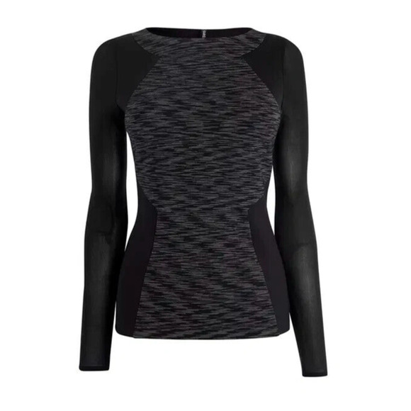 Karen Millen Panelled Long-sleeve Top Black Gray Mesh Formfitting Round … - Picture 1 of 6